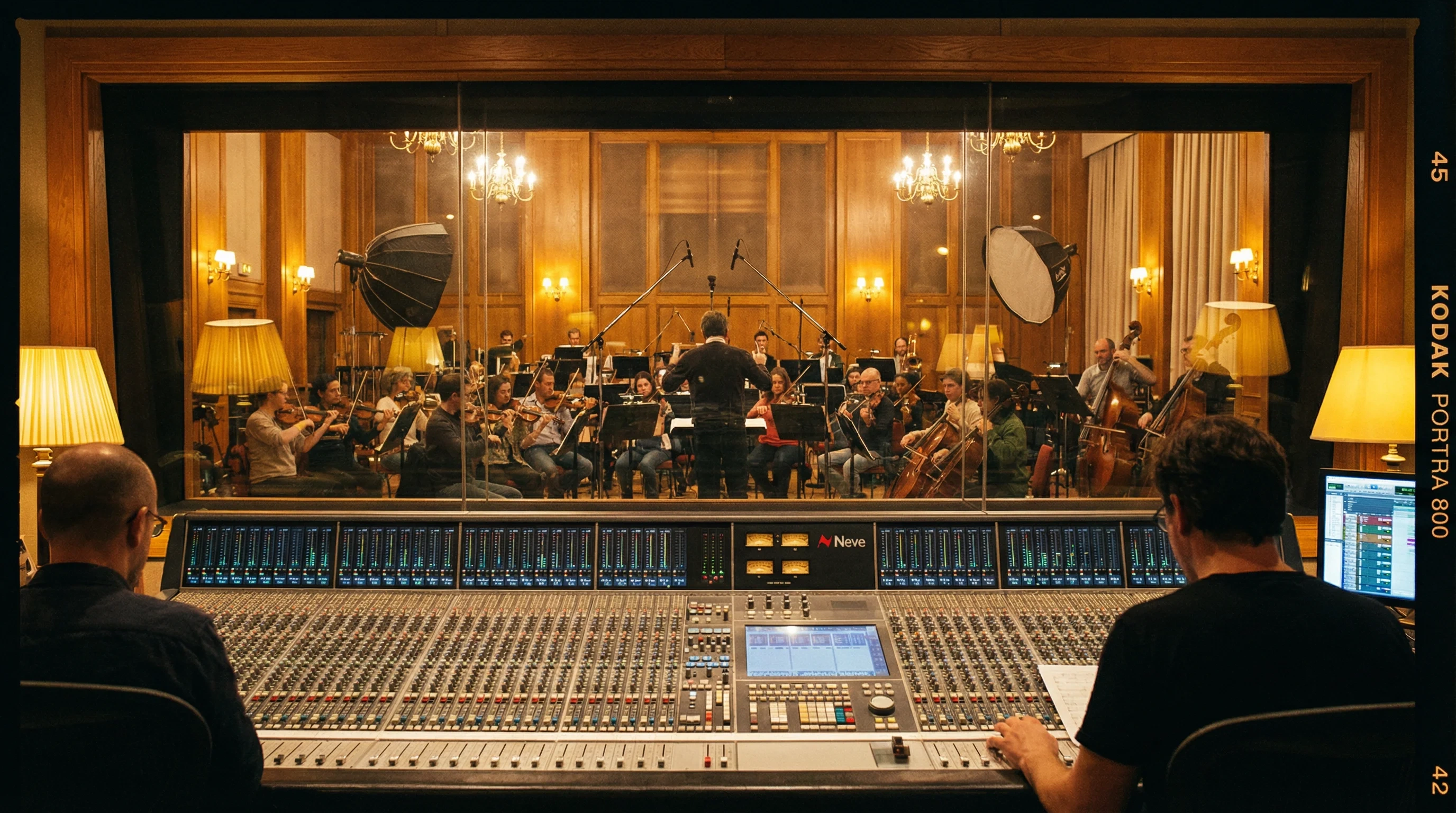 电影配乐录音棚中交响乐团录制沙丘原声带的场景